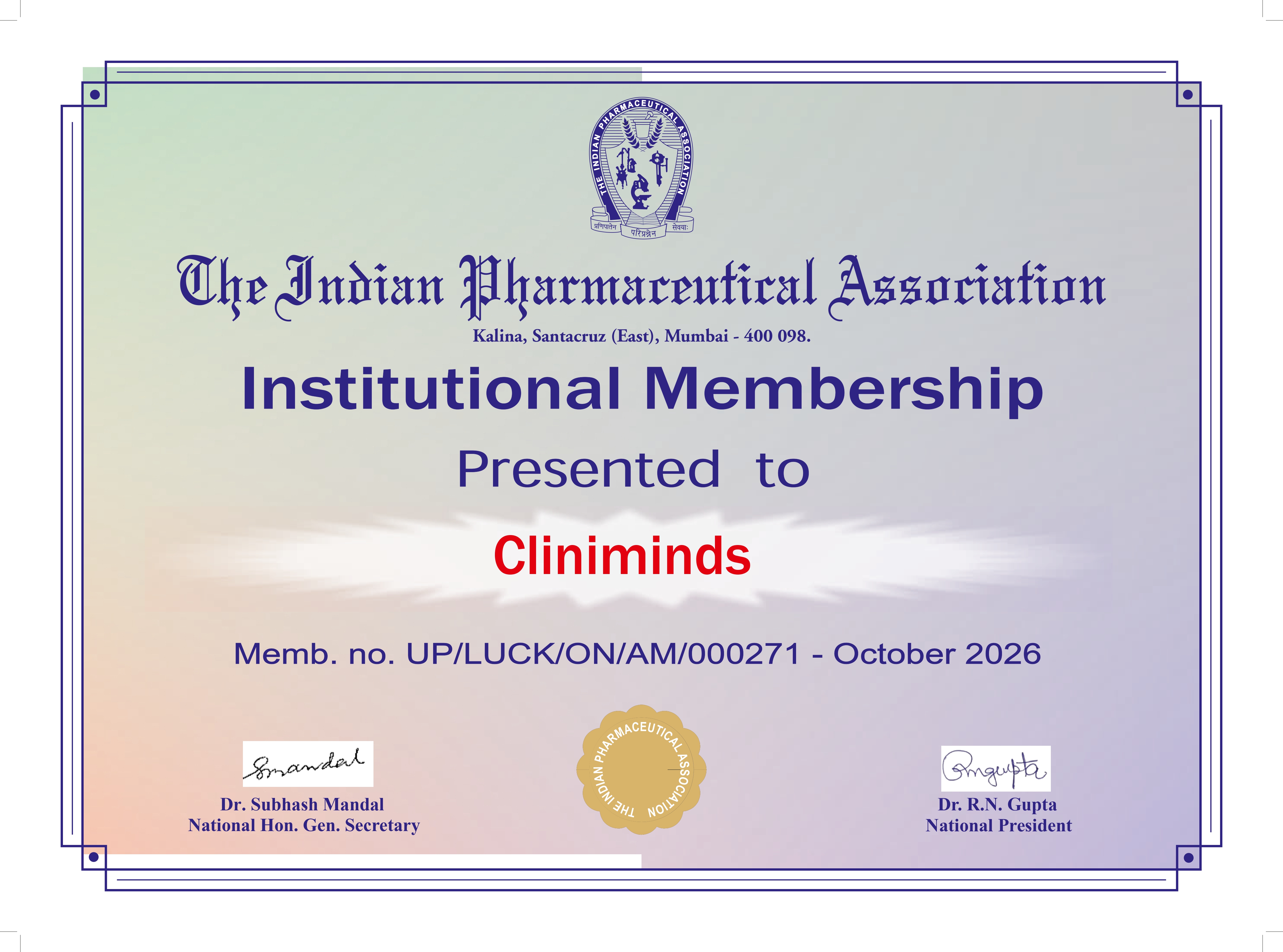 Indian Pharmaceutical Association Certificate
